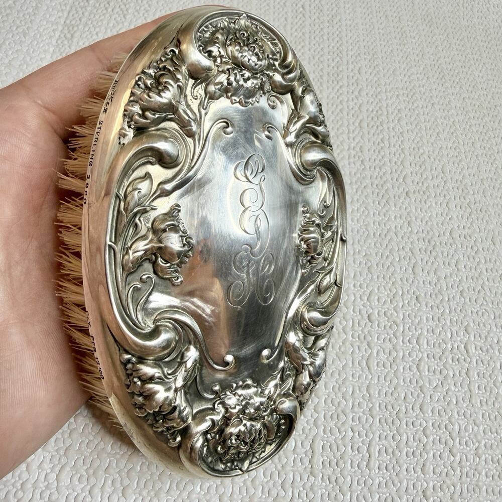 R. Wallace Antique Victorian Sterling Silver Hand Held Brush Monogramed Floral